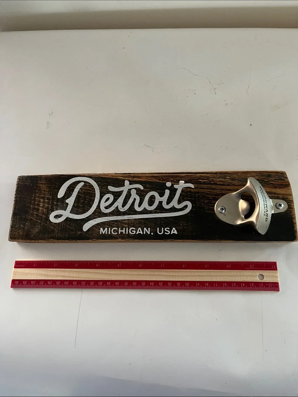 Detroit Wall-Mount Bottle Opener - Reclaimed Salvaged Wood with Silver Opener